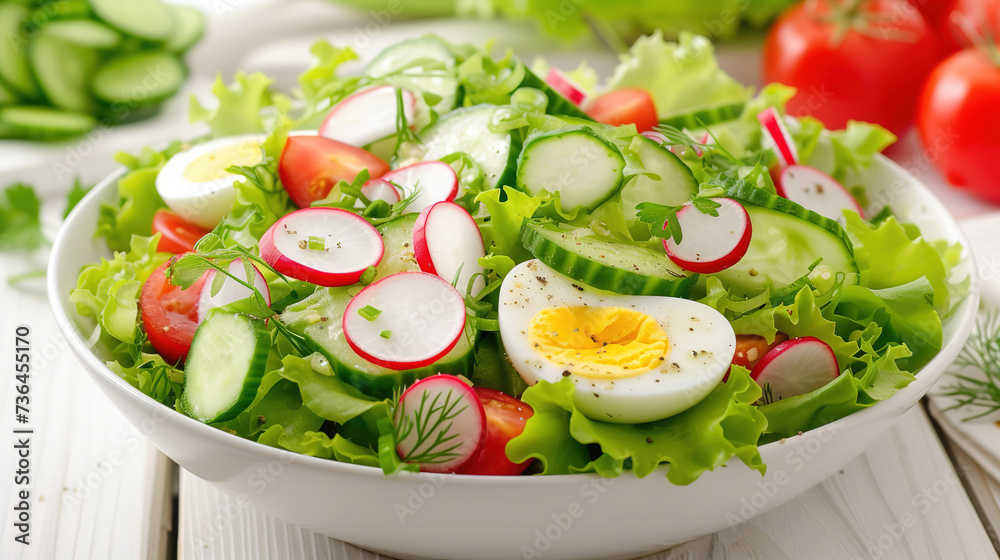 spring vegetable salad with boiled egg, radish and cucumber on white wooden table spring vegetable salad with boiled egg, radish and cucumber on white wooden table
