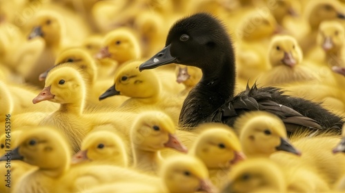 A black duck among yellow ducks highlights the importance of diversity and standing out from the crowd  © Natalia