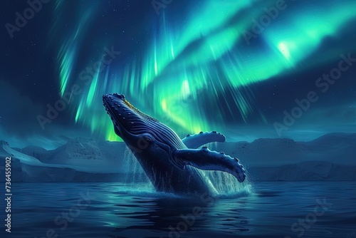 humpback whale breaching, northern lights background