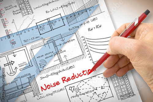 Engineer writing formulas about noise reduction in buildings - concept image photo