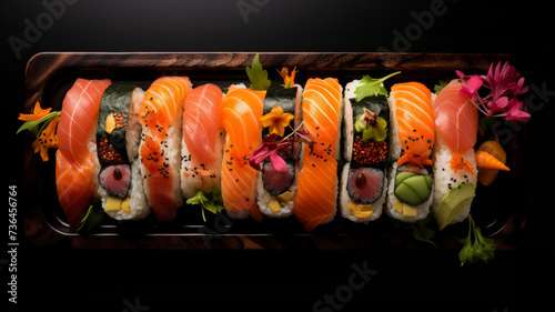Delicious Japanese food with sushi. Overhead japanese sushi food. rolls with tuna, salmon, shrimp. Top view of assorted sushi.