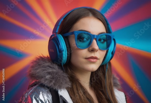 A bright young girl with headphones is listening to music on a multicolored background. Close-up.