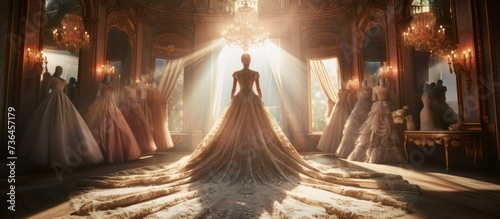 A stunning luxury wedding dress stands in the spotlight in bridal shop. AI generated image