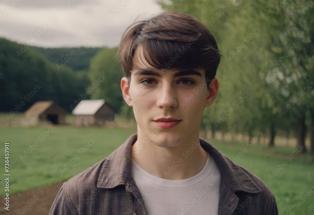 Portrait of a young male farmer, a young man, against the background of farmland Portrait of a young male farmer, a young man, against the background of farmland
