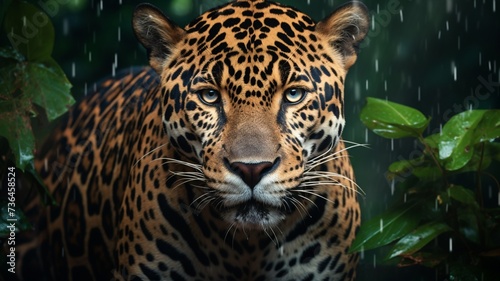 Jaguar tiger face in deep jungle background Generated AI photo