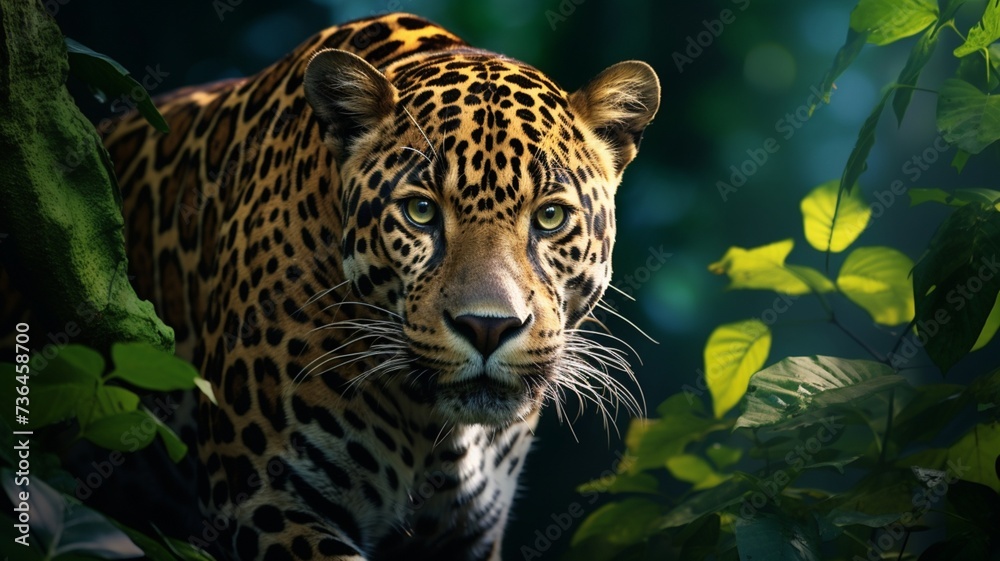 Jaguar tiger face in deep jungle background Generated AI photo Jaguar tiger face in deep jungle background Generated AI photo