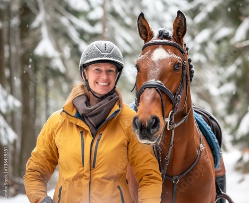Portrait of a beautiful young woman with a horse in winter forest. AI. © Alex Alex