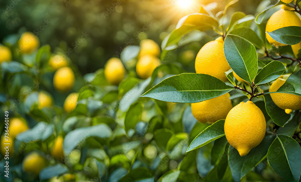 Lemon tree branches laden with bright yellow lemons