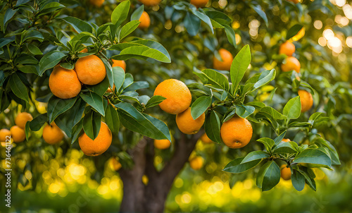 Abundant orange tree with ripe oranges in focus foreground, garden setting background