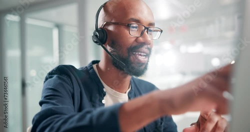Call center, businessman and happy with communication and telemarketing for customer service or headset. Consultant, black man and helpdesk operator with discussion, microphone or crm support at work photo
