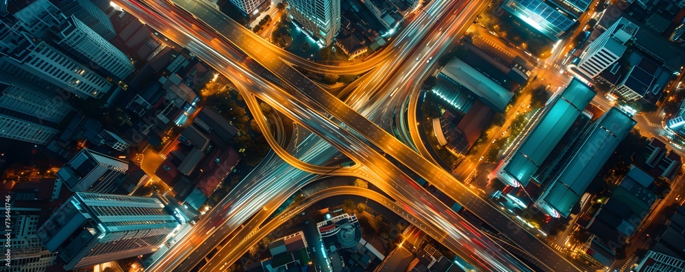 Birds eye view of a bustling Thai city at night with intersecting highways. Concept Nighttime Cityscape, Traffic Trails, Highway Intersections, Urban Glow, Thai Cityscape - obrazy, fototapety, plakaty 