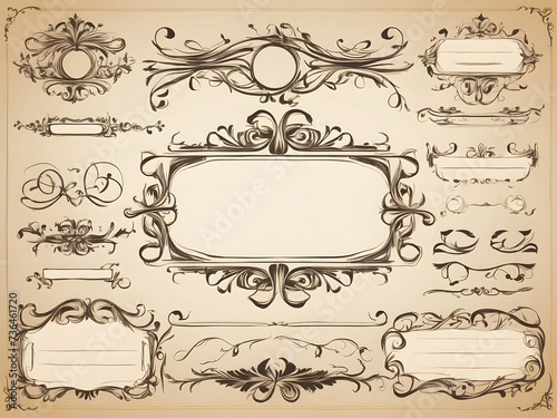 Set of Vintage Decorations Elements. Flourishes Calligraphic Ornaments and Frames with a place for your text design. Decorative swirls or scrolls, vintage frames, flourishes, labels design.