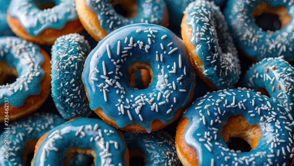 Blue glazed donuts with sprinkles on a dark background