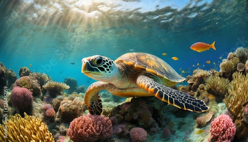 beautiful turtle swims underwater in the ocean © Omega