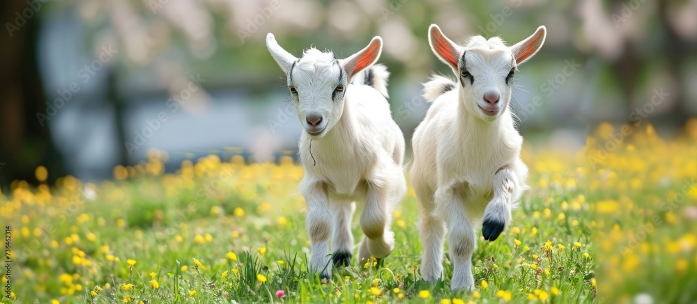 Baby goat kids frolicking on the springtime grass. Baby goat kids frolicking on the springtime grass.