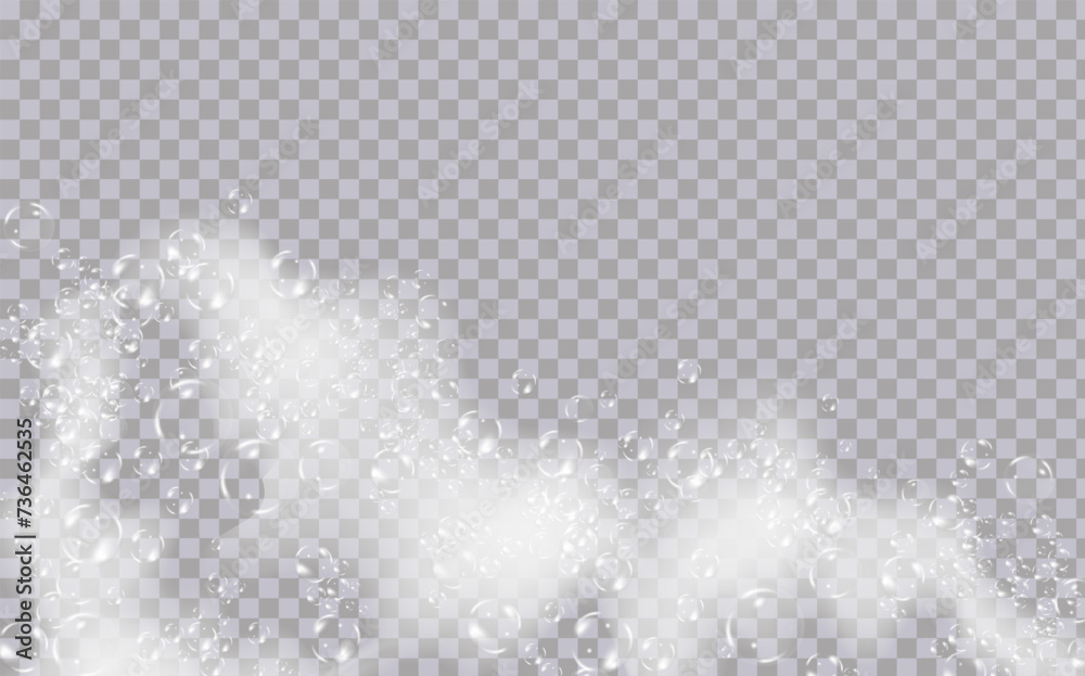 Bath foam isolated on transparent background. Shampoo bubbles texture.Sparkling shampoo and bath lather vector illustration. - obrazy, fototapety, plakaty 