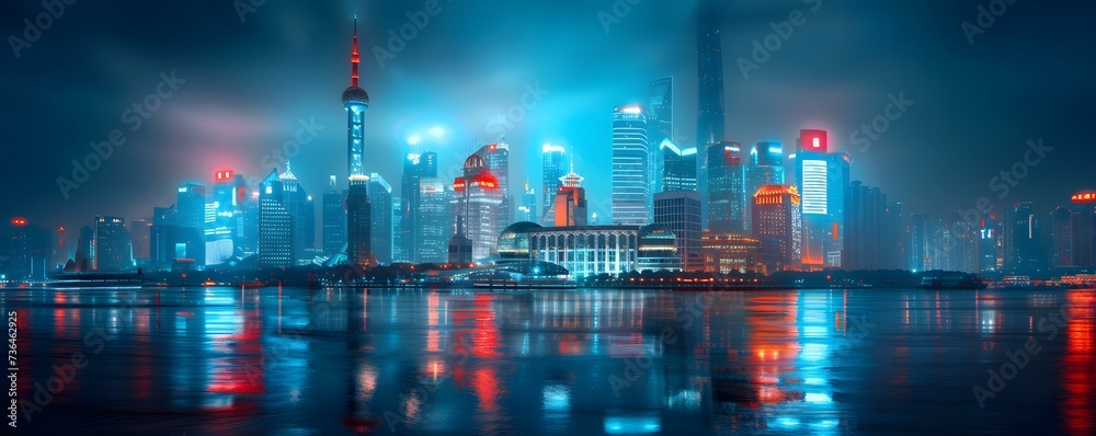 A captivating night view of Shanghais financial district and skyline by the Huangpu river in China. Concept Cityscape Photography, Shanghai Skyline, Huangpu River, Night View, Financial District