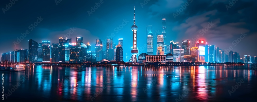 Glimpsing Shanghai's Breathtaking Night Skyline at the Huangpu River in China. Concept Breathtaking Night Skyline, Huangpu River, Shanghai, China - obrazy, fototapety, plakaty 