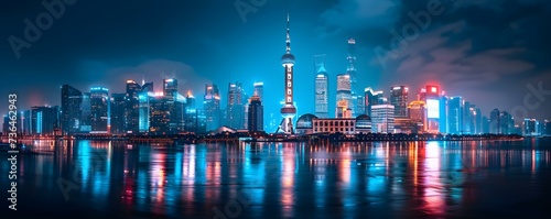 Glimpsing Shanghai's Breathtaking Night Skyline at the Huangpu River in China. Concept Breathtaking Night Skyline, Huangpu River, Shanghai, China photo