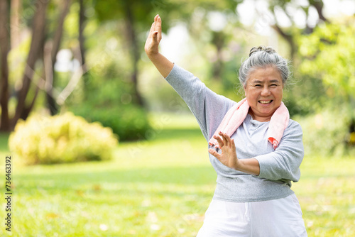 Obraz na plátně asian senior woman workout and practice tai chi in the park