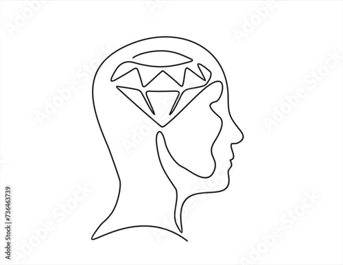 Head of a man with brilliant, diamond inside, drawn in one line on a white background. Wealth thoughts concept, million dollar thought. One-line drawing. Continuous line.