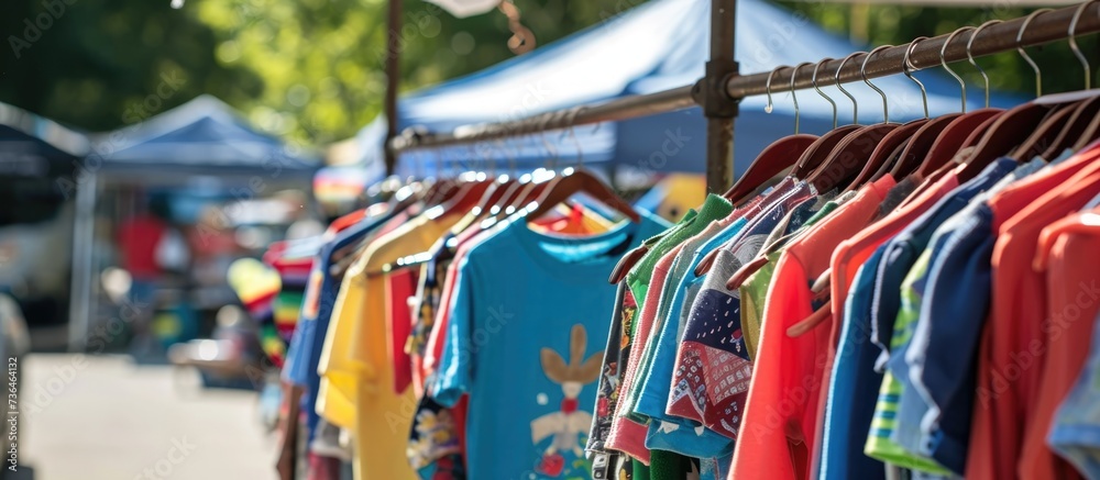 Selling, exchanging, recycling, donating, and reusing used baby and children's clothing at an outdoor flea market to combat excessive shopping.