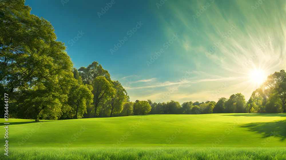 Obraz premium Wide lawn trimmed with precision under a blue sunny sky