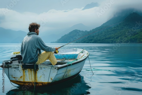 Amidst the serene landscape of a tranquil lake, a lone fisherman patiently awaits his catch in his small boat, surrounded by towering mountains and a vast expanse of sky and water photo