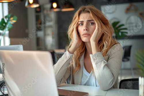 A frustrated woman sits at her cluttered desk, her hands grasping her head as she stares at her laptop, surrounded by the stark walls and furniture of her indoor workspace