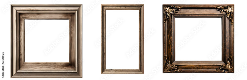 Vintage Antique wooden square carved photo frame isolated on white transparent background, Victorian European style wood border frame, luxury & royal decoration for photo, art - obrazy, fototapety, plakaty 