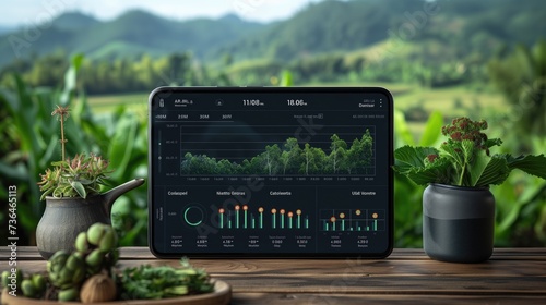 tablet with an organic market dashboard displaying charts and graphs, set against the backdrop of lush greenery photo