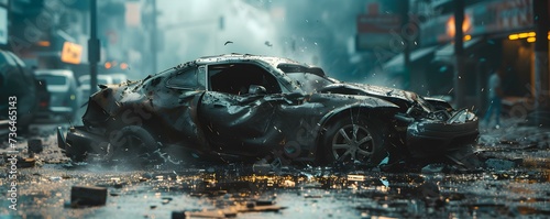 A devastating collision results in the total destruction of a car due to excessive speed and drunk driving. Concept Car Accident Consequences, Drunk Driving Awareness, Speeding Consequences photo