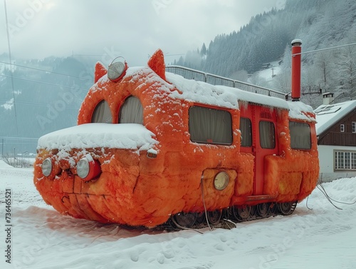 A cat on red snowcat snowmobile in snow landscape
