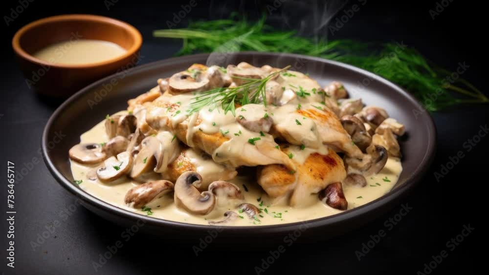 Zooming in on a Delicious Plate of Chicken with Mushroom Sauce Zooming in on a Delicious Plate of Chicken with Mushroom Sauce