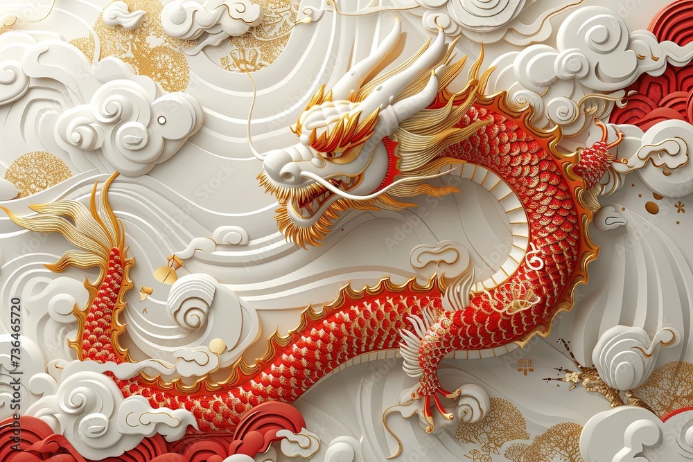 Chinese New Year 2024 modern art design set in red, gold and white colors for cover, card, poster, banner. Chinese zodiac Dragon symbol. Chinese New Year 2024 modern art design set in red, gold and white colors for cover, card, poster, banner. Chinese zodiac Dragon symbol.