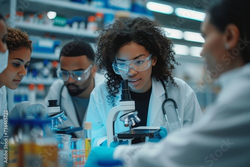 A team of scientists, clad in lab coats and glasses, intently examines a human face under a microscope in their indoor laboratory, surrounded by chemistry equipment and plastic bottles, fully immerse