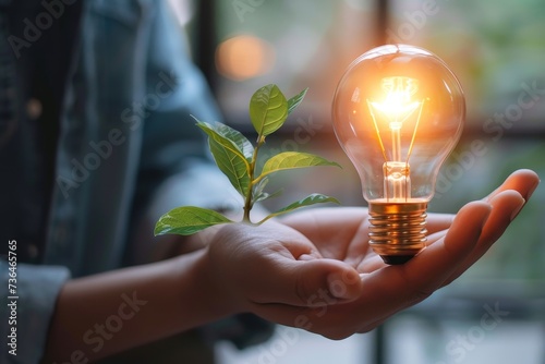 Nature's brilliance illuminates through the hands of a person, as a plant thrives from the light bulb's energy in the great outdoors