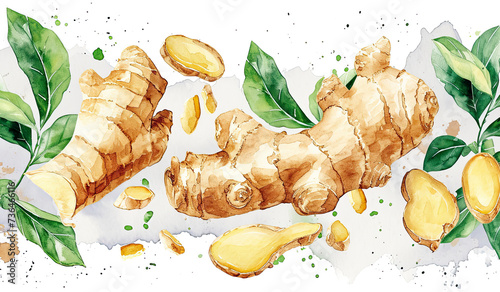ginger root and leaves watercolor composition on white background photo