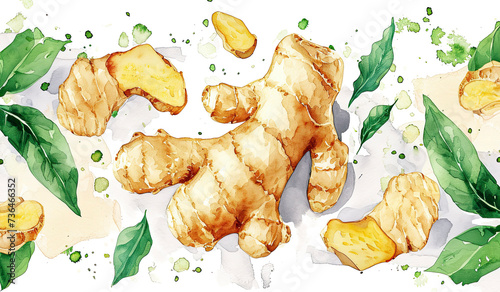 ginger root and leaves watercolor composition on white background photo