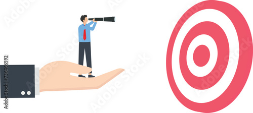 Businessman with a telescope goes to Bull's-Eye by a helping hand, Helping hand to achieve success concept, 
