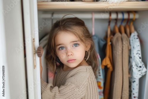 A young girl peers out from behind a shelf of clothing in the dimly lit closet, her human face betraying a mixture of fear and curiosity as she hides from the world © Pinklife