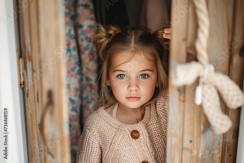 A curious young girl gazes confidently at the camera, her flawless skin and stylish clothing making her stand out as a child model photo