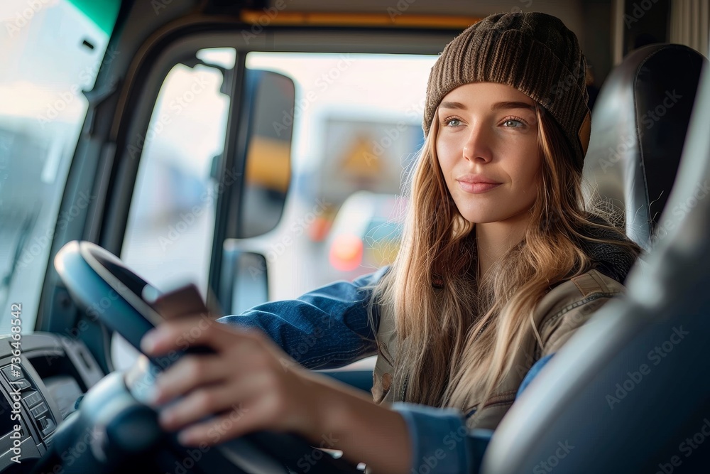 A determined woman gazes at her phone in the rearview mirror while driving her car, lost in thought as she navigates through the bustling city streets