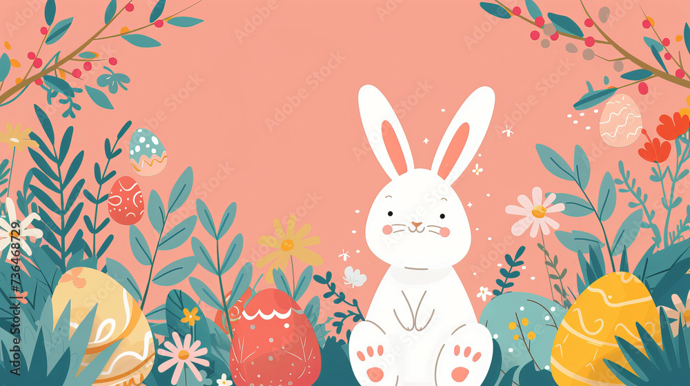 Easter Bunny Illustration with Festive Eggs.
illustrated Easter bunny with eggs in a floral setting. Easter Bunny Illustration with Festive Eggs.
illustrated Easter bunny with eggs in a floral setting.