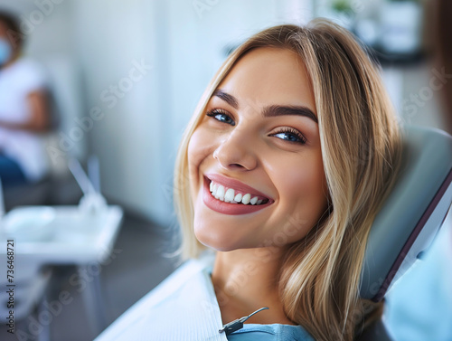 Beautiful Woman in Dental Chair. Portrait of a beautiful woman sitting in a dental chair, ready for her appointment