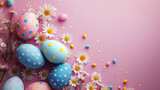 Pink Easter Eggs and Daisy Decor.
Pink backdrop with daisies and pastel Easter eggs.