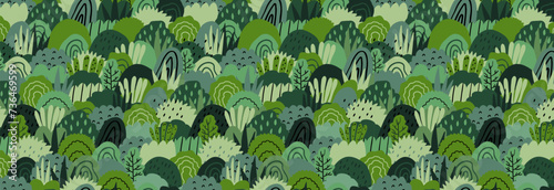 Seamless pattern with bushy green plants. Vector illustration in flat style. Design for fabric and more.