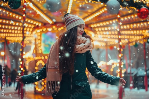 A stylish woman braves the winter chill, her festive attire adding a pop of color against the vibrant carnival lights and bustling street