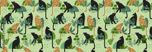 Seamless pattern with bushy green plants, panthers and leopards. Vector illustration in flat style. Design for fabric and more. photo