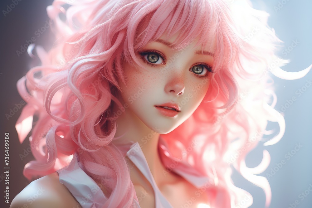 Vibrant Asian pink anime girl. Woman beauty. Generate Ai